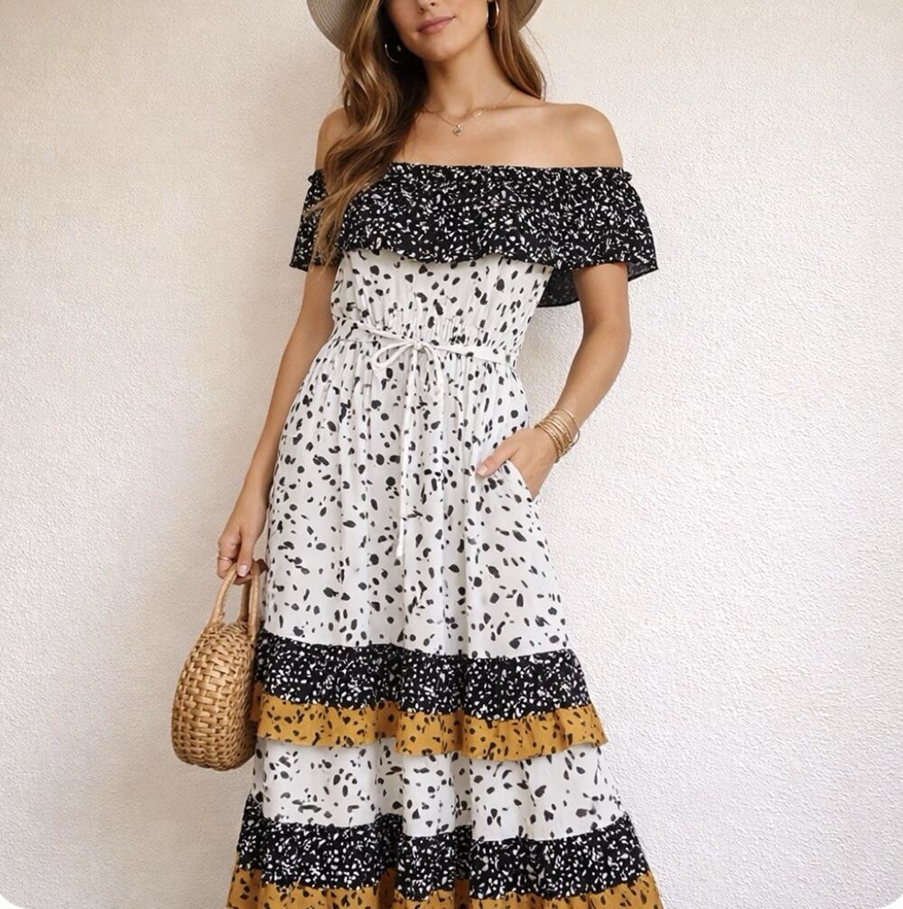 NWT Les Serein Off Shoulder Ruffle Tiered Bohemian Frnt Slit Elastic Maxi Dress